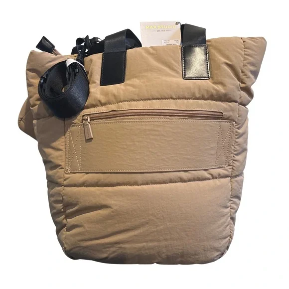 Max Studio Quilted Tote Bag Set โ NWT, Puffer Nylon + Mini Tote, Tan/Black - Picture 2 of 5